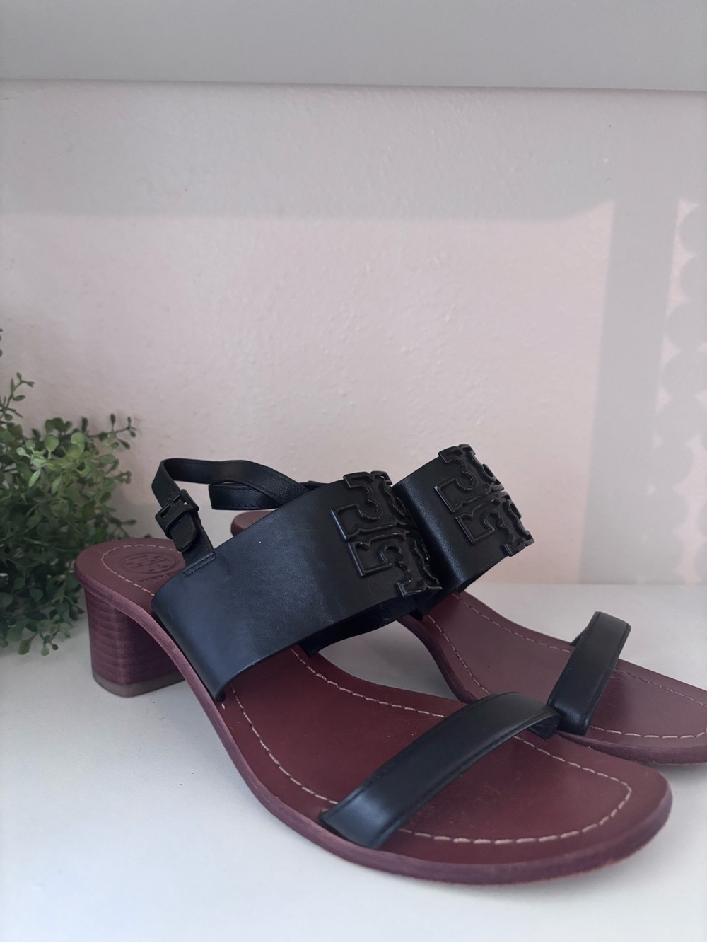 Tory Burch Black Leather Slingback Block Heel Sandals